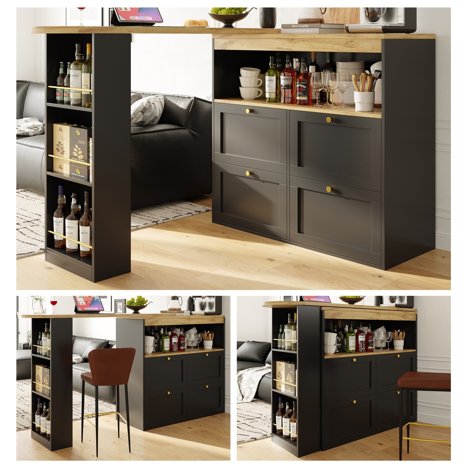 Bar Table, Kitchen Island Table with Swivel Worktop, Cabinet and Open Shelves