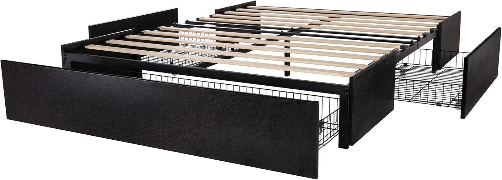 Stylish Queen Platform Bed Frame with 3 Storage Drawers - Black Faux Leather
