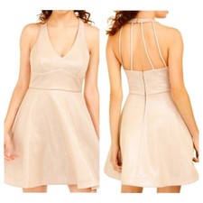 Teeze Me Gold Silver Metallic Glitter Halter Fit Flare Mini Dress 5/6 Party NWT