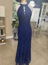 NW Nightway Mermaid Shape Halter Long Dress in Glittery Brocade  Royal Blue- 8