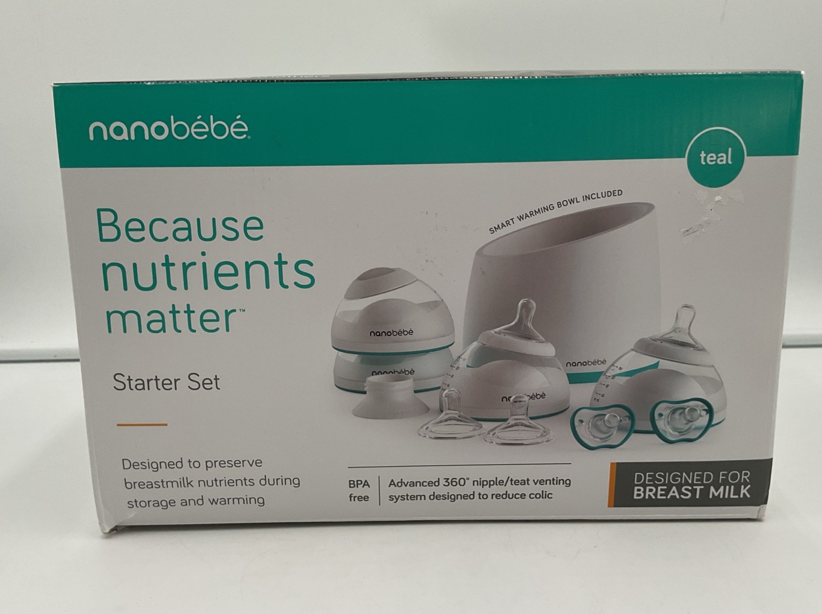 Nanobebe Breast Milk Baby Bottle Starter Set Teal BPA-Free Smart Warming Bowl 
