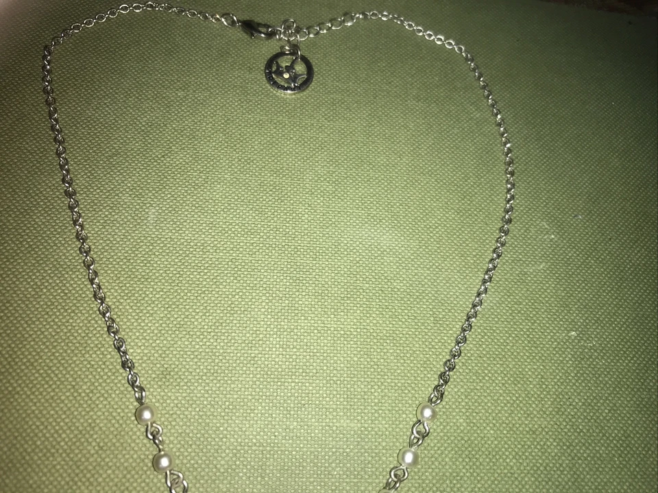 Vintage Trifari Crown Tag Pendant Necklace Silver Tone Faux Marcasite - Image 3 of 4