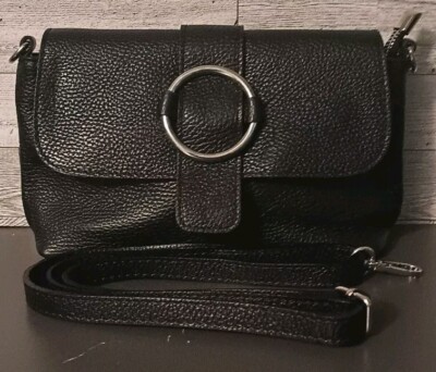 Borse In Pelle Shoulder/Crossbody Purse in Black Leather Adjustable Strap