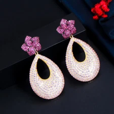 Rose Red CZ Paved Flower Round Drop Dangle Women Pure 925 Silver Long Earrings