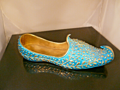 DECORATIVE HAND-MADE UNIQUE 8'' ELF-STYLE CURLED UP TOE SHOE - TEAL & GOLD COLOR