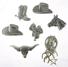 7pc Set Vintage Western Horse Steer Bull Cowboy Hat Boots Saddle Button Covers