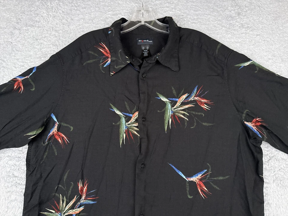 Axcess Shirt Mens 2XL XXL Black Floral Bird Of Paradise Hawaiian Button Up Rayon - Image 4 of 4