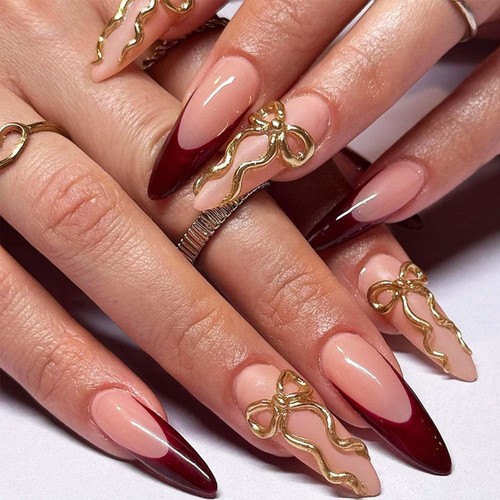 French Tip Press on Nails Long Fake Nails Stiletto False Nails with 3D Bowkno...