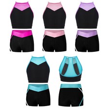 Girls Sports Dance Outfit Crop Top Vest Shorts Set Workout Yoga Running Cycling