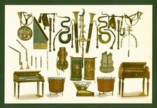 Lithographie anno 1892 - historische Musikinstrumente - Horn Flöte Pauke Trommel