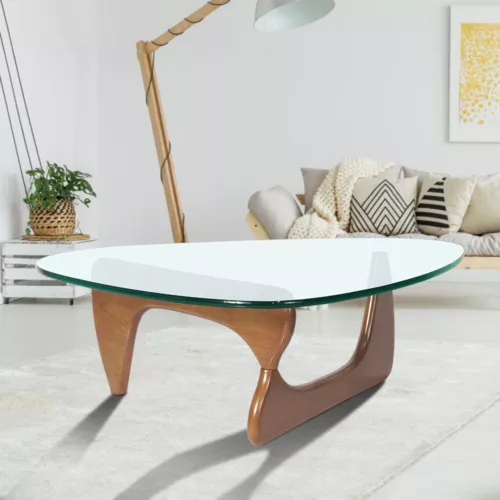 Living Room Noguchi-Style Glass Triangle Coffee Table with Solid Wood Stand