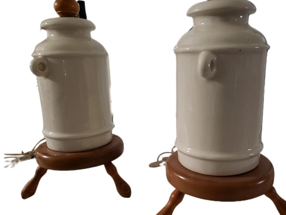 Pair of Vintage ceramic/Wood Lamps with Milk-Can and Stool Country Cow Colonial - Image 4 of 4