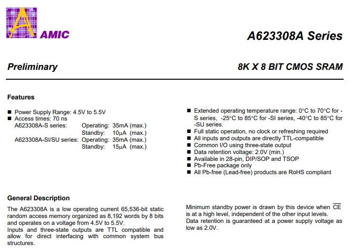 [1x] Chip A623308A AMIC CMOS SRAM Async Single 5V 64K-bit (8x8) 70ns SOP-28 SMD Foto 3 de 4