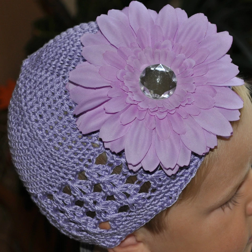 Bonnet Crochet + Fleur Lilas Violet Bébé 100% Coton Pince à Cheveux 0-5 Ans Neuf - Photo 1/1