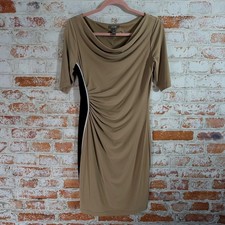 Muse Sheath Dress Womens 6 Tan Excellent Cowl Neck Colorblock Ruched Workwear