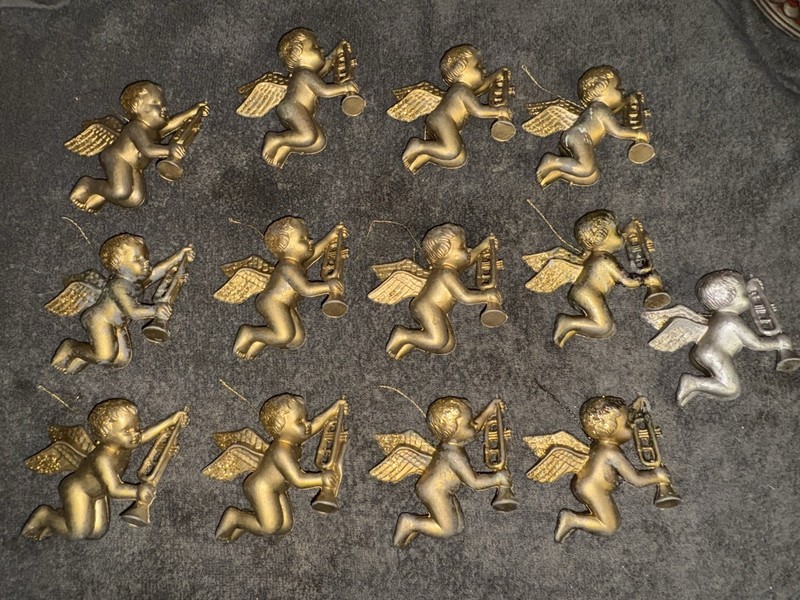 Vintage Plastic Cherub Blow Mold Playing Instrument Gold Color Ornament Lot 13