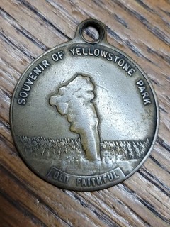 Vintage Brass Key Chain Lucky Coin Yellowstone Park Old Faithful