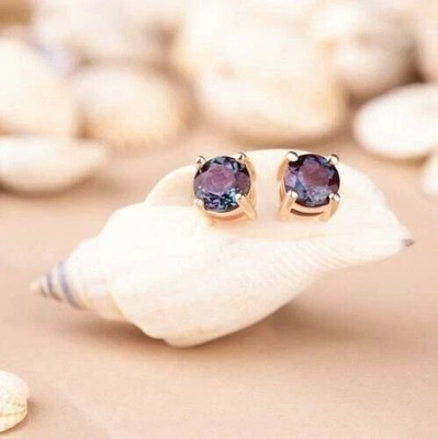 2Ct Round Lab Created Alexandrite Solitaire Stud Earrings 14k Yellow Gold Finish