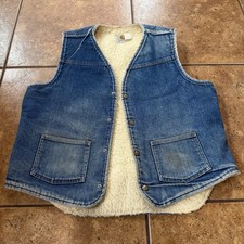 VTG 70s Carhartt Men  s Large 8SV Faded Blue Denim Vest Sherpa Lined Snap USA
