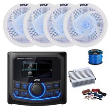 JVC Marine BT AM/FM/WB Receiver, Amp w/Kit, 4X 5.25" 180W LED White Speaker,Wire
