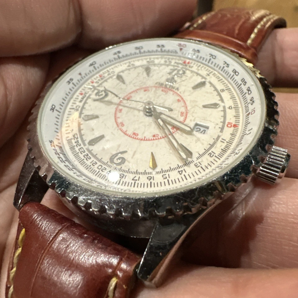 Working Vintage MG ORKINA Quartz 男士腕表 42 毫米 棕色表带 罕见 — 第 3/4 张图片