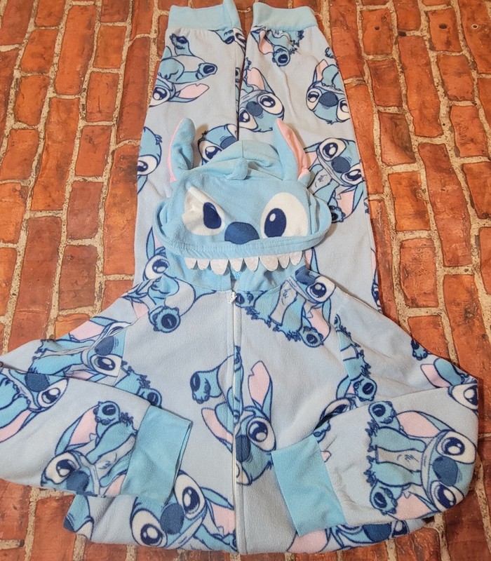 Disney Lilo & Stitch Character Hooded Jumpsuit Pajamas Fleece Sleepwear Sz 8