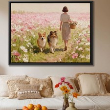 Floral Still Life Oil Painting Corgi Dog Canvas Pet Art Decor Vintage Wall Art