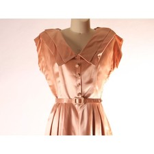 1940s Light Pink Nude Tone Satin Short Sleeve Belted Fit and Flare Dress -S