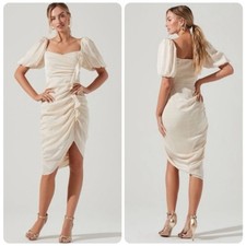 NWT ASTR the Label Emma Ruched Puff Sleeve Midi Dress in Cream | Large