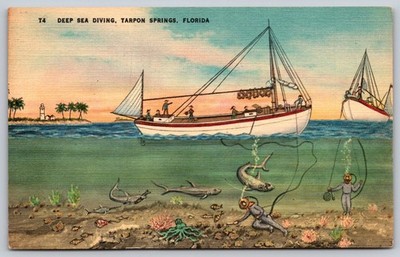 Vintage Deep Sea Diving Postcard Tarpon Springs Florida Linen AA208