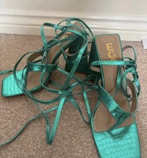 EGO UK 6 Green Croc Strappy Lace Up Square Toe Block Heel Sandals