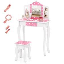 Kids Vanity Table & Stool Set w/ Cute Polka Dot Print Tri-folding Mirror Drawer