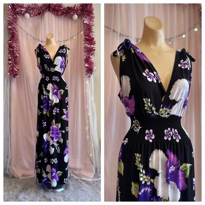 Vintage Inspired Maxi Dress Black Purple Hawaiian Tropic Floral Print 70s Style