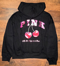 Victoria's Secret Pink Bling Logo Campus Full Zip Hoodie Black Red Cherry L NWT