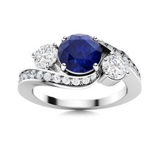 5MM Round Shape Blue Sapphire 925 Sterling Silver Three Stone Women Wedding Ring