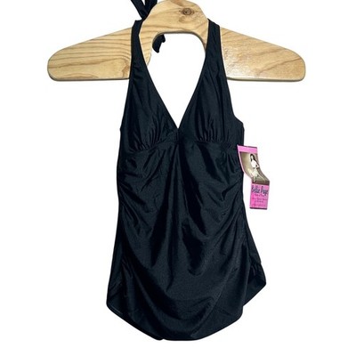 NEW Bettie Page Queen of Pinups Black Halter One Piece Swimsuit Ruched Size 14
