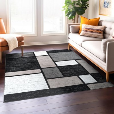 Elegant Contemporary Grey Rectangular Rug 6x6 Modern Design Soft Durable Poly...