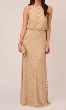 Adrianna Papell Art Deco Beaded Long Dress Women’s 14 Halter Neck Blush Elegant