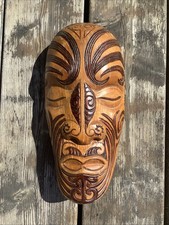 Vintage Wood M ori Hand Carved Mask Head NZ Wall Decor Heavy