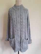 Vintage Bulky Cable Knit Cardigan Sweater- Sz 42- Gray, High Neck, Pockets