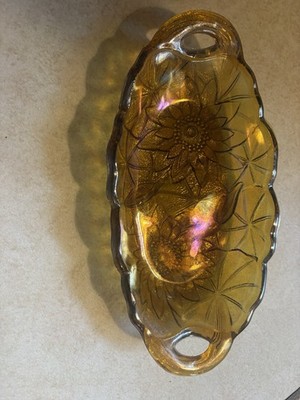 Amber Iridescent Carnival Glass Oval Floral celery Tray w/ Handles 9x4 in