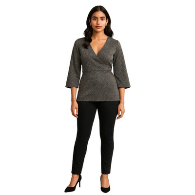 Grace Elements Metallic Knit Top Black Silver 3/4 Sleeve Silk Blend Size L NWT