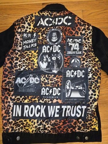 AC/DC Black Denim Leopard Print Album Titles Trucker Jacket Medium image 3