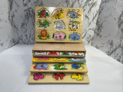 VTG Wooden Knob Children s Puzzle Box/ 5 Puzzles/ 1 Missing Pc/Please Read