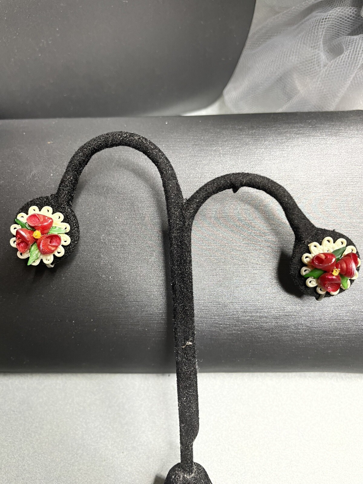 Tiny Shell Flowers On Celluloid Screw Back Earrin… - image 2