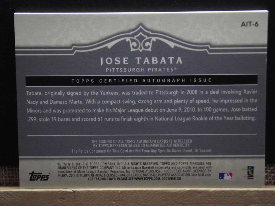 2011 Topps Marquee Acclaimed Impressions Triple Relic Auto #AIT6 Jose Tabata #'d - Image 2 of 2