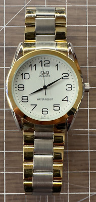 Mens QQ Dress Silver Gold Tone White Dial Link Bracelet Analog Watch Batt Needed
