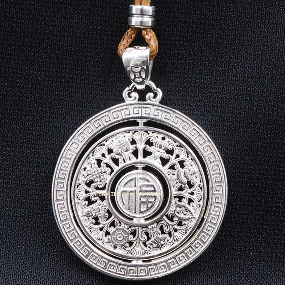 Pure Silver 999  Eight Treasure Compass Women Man's Fine Silver Pendant 1.7inchH