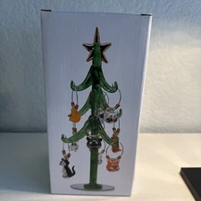 LS Arts 6” Art Glass Green Crystal Christmas Tree w Cats Mice New