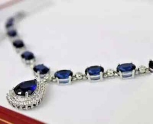 Authentic 12Ct Oval Lab-Created Sapphire Women Party Wear Necklace 14K Wh Gold Plated 18"